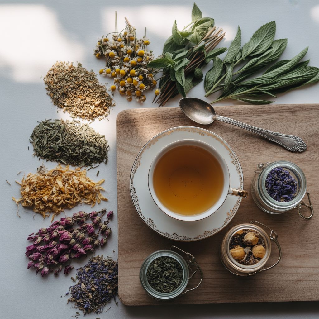 Illustration of herbal tea recipe cards with ingredient details