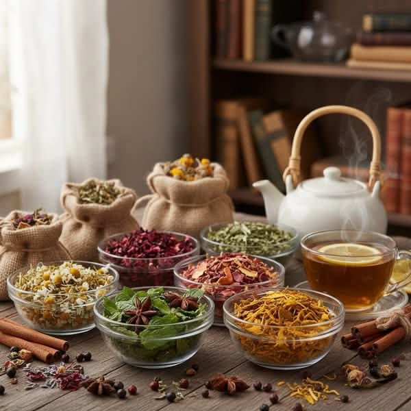 Circular diagram showing six stages of herbal tea steeping